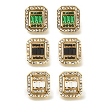 Ion Plating(IP) 304 Stainless Steel with Rhinestone Stud Earrings, Polished, Mixed Color, Golden, Rectangle, 14x12mm