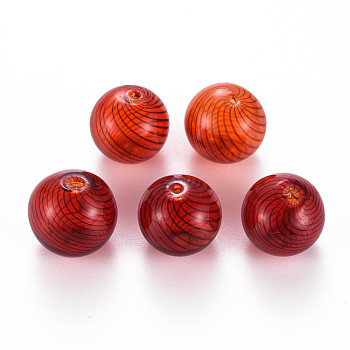 Transparent Handmade Blown Glass Globe Beads, Stripe Pattern, Round, FireBrick, 14.5~16mm, Hole: 1~2mm