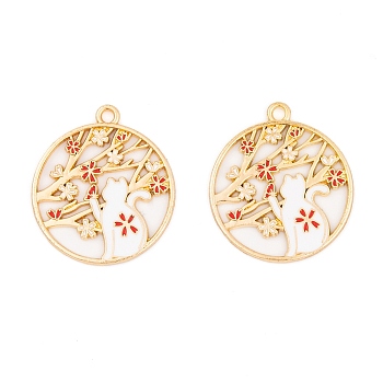 Rack Plating Alloy Enamel Pendants, Golden, Flat Round with Cat & Flower Charm, Red, 28x25x1.5mm, Hole: 2mm