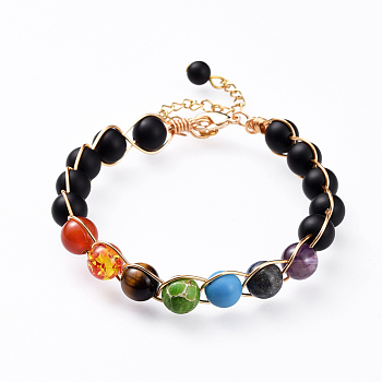 Chakra Jewelry, Natural Black Agate Bracelets, with Brass Lobster Claw Clasps and 304 Stainless Steel Twisted Chains, 7-1/2 inch(19cm)