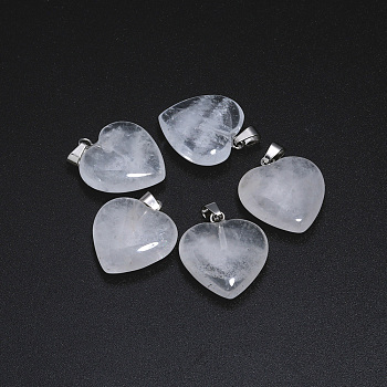 Natural Quartz Crystal Pendants, Rock Crystal Pendants, Heart, with Brass Findings, Platinum, 22~23x20~20.5x6~7.5mm, Hole: 5x8mm