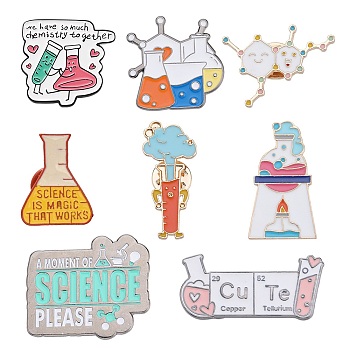 8Pcs 8 Style Chemistry Theme Enamel Pin, Light Gold Alloy Badge for Backpack Clothes, Mixed Color, 18~34.5x15~31x1.5~11mm Pin: 1mm, 1Pc/style