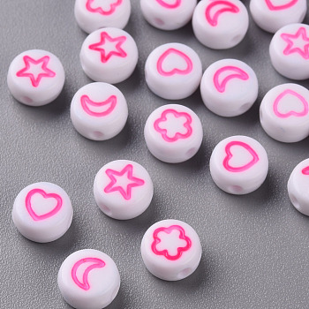 White Opaque Acrylic Beads, Flat Round with Heart & Flower & Moon & Star, Hot Pink, 7x4mm, Hole: 1.6mm