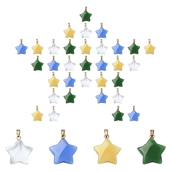 20Pcs 4 Colors Glass Pendants, with Golden Plated Iron Findings, Star Charms, Mixed Color, 23x20x6mm, Hole: 6x2mm, 5pcs/color