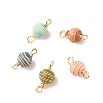 Spray Painted Wood Connector Charms, with Golden Tone Copper Wire Loops, Round with Stripe Pattern, Mixed Color, 20~22.5x9.5mm, Hole: 2.5~3.5mm