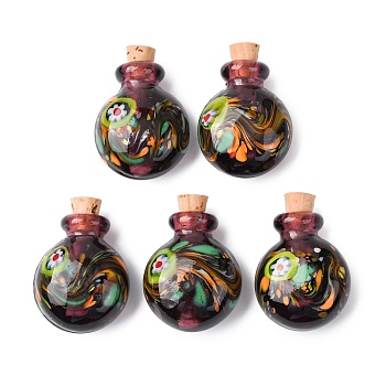 Handmade Lampwork Perfume Bottle Pendants, with Cork, Old Rose, 31~33x23x14mm