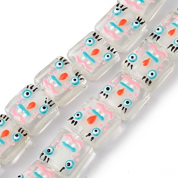 Handmade Lampwork Beads Strands, with Enamel, Square with Snowman Pattern, Clear, 14x14.5~15.5x6mm, Hole: 1.6mm, about 25pcs/strand, 14.25 inch(36.2cm)