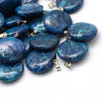 Round Dyed Natural Gemstone Pendants, with Platinum Tone Brass Findings, 22~25x19~21x5~7mm, Hole: 2x7mm