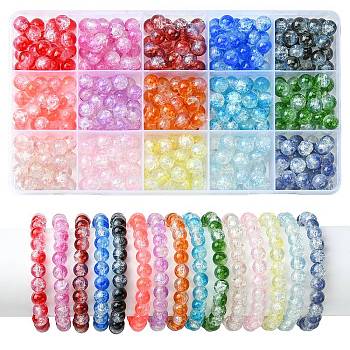 375Pcs 15 Colors Transparent Crackle Baking Painted Glass Beads Sets, Imitation Opalite, Round, Mixed Color, 8.5x7.5mm, Hole: 1.5mm, 25pcs/color