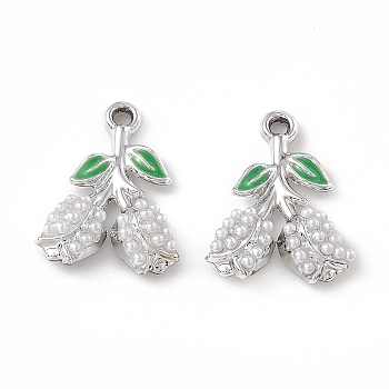 Alloy Enamel Pendants, with ABS Plastic Imitation Pearl Beads, Branch and Fruit Charm, Platinum, 19x14x4mm, Hole: 1.6mm