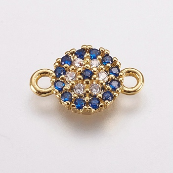 Brass Micro Pave Cubic Zirconia Links, Flat Round, Blue, Golden, 13x8.5x2.5mm, Hole: 1.5mm