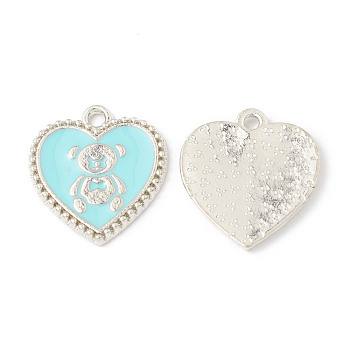 Alloy Enamel Pendants, Heart with Bear Pattern Charm, Platinum, Pale Turquoise, 21x19x1.7mm, Hole: 2mm