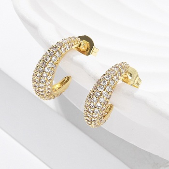 C-Shaped Brass Micro Pave Clear Cubic Zirconia Stud Earrings, Rack Plating, Long-Lasting Plated, Lead Free & Cadmium Free, Real 18K Gold Plated, 15.5x4.5mm