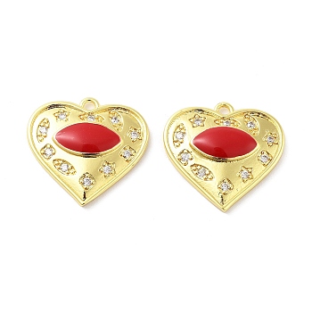 Brass Micro Pave Clear Cubic Zirconia Pendants, with Enamel, Real 18K Gold Plated, Heart with Horse Eye Charms, FireBrick, 20x21x4mm, Hole: 1.8mm