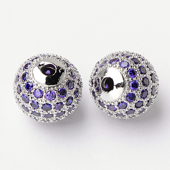 Brass Cubic Zirconia Beads, Round, Purple, Platinum, 10mm