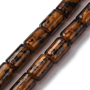 Handmade Gold Sand Lampwork Beads Strands, Column with Leopard Print Pattern, Saddle Brown, 15~15.5x10~10.5mm, Hole: 1.5mm, about 25pcs/strand, 15.16''(38.5cm)