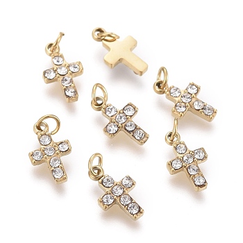 316 Surgical Stainless Steel Tiny Cross Charms, with Rhinestone and Jump Rings, Golden, Crystal, 8.5x5x1.5mm, Hole: 1.6mm