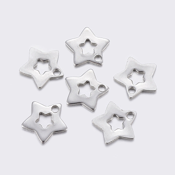 304 Stainless Steel Charms, Cut-Out, Star, Stainless Steel Color, 11x11.5~11.7x1mm, Hole: 1.5~1.6mm