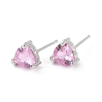 Dainty Heart Pink Cubic Zirconia Stud Earrings for Her, Cadmium Free & Lead Free, Platinum, 7x7.5x4.5mm, Pin: 0.8mm