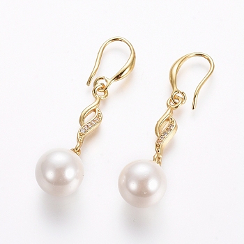 Brass Dangle Earrings, with Clear Cubic Zirconia and Shell Pearl, Long-Lasting Plated, Golden, 43.5mm, Pin: 1mm