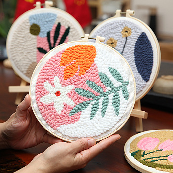 DIY Punch Embroidery Starter Kit, Including Fabric, Yarns, Punch Needle, Embroidery Hoop, Flower Pattern, 200x200mm