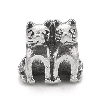 304 Stainless Steel European Beads, Large Hole Beads, Cat, Antique Silver, 10x10x7mm, Hole: 4.3mm