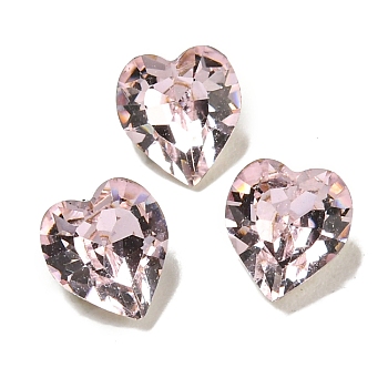 Glass Rhinestone Cabochons, Flat Back & Back Plated, Faceted, Heart, Light Rose, 5.5x5x3.5mm