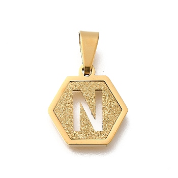 304 Stainless Steel Charms, Real 18K Gold Plated, Hexagon with Letter Charm, Letter N, 15x14x1.5mm, Hole: 3x5.5mm