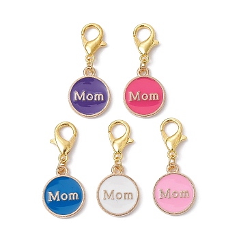Mother's Day Alloy Enamel Pendant Decorations, with Zinc Alloy Lobster Claw Clasps, Flat Round with Word Mom, 27mm