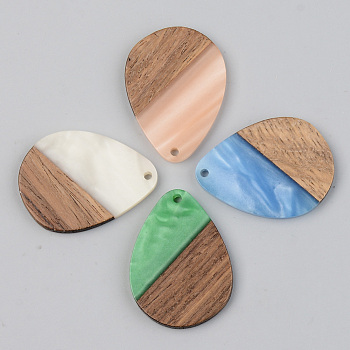Opaque Resin & Walnut Wood Pendants, Teardrop, Mixed Color, 35.5x26x3mm, Hole: 2mm