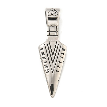 Viking 316 Surgical Stainless Steel Pendants, Runic Odin's Gungnir Spear Head Charm, Antique Silver, 37.5x11.5x6.5mm, Hole: 4.5x5.5mm