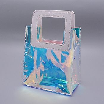 PVC Laser Transparent Bag, Tote Bag, with PU Leather Handles, for Gift or Present Packaging, Rectangle, White, Finished Product: 25.5x18x10cm