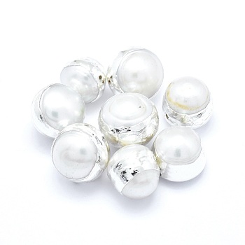 Natural Cultured Freshwater Pearl Beads, with Electroplated Polymer Clay, Round, Platinum, 11~14x10~14mm, Hole: 0.5~0.8mm