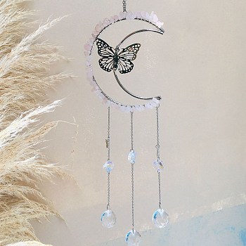 Natural Rose Quartz Chip Wrapped Moon with Butterfly Hanging Ornaments, Glass Teardrop Tassel Suncatchers for Home Outdoor Decoration, 400mm