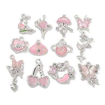 Alloy Rhinestone & Enamel Pendants, with ABS Imitation Pearls and Resin, Lead Free & Cadmium Free, Silver, Mixed Shapes, Pink, 13~30x13~17.5x3.5~8mm, Hole: 1~2mm, 24pcs/set