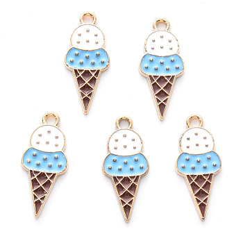 Alloy Enamel Pendants, Cadmium Free & Lead Free, Light Gold, Ice Cream, Sky Blue, 23x10x1.5mm, Hole: 1.8mm