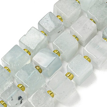 Natural Aquamarine Beads Strands, Cube, with Seed Beads, 8~9x8~9x8~9mm, Hole: 1mm, about 38pcs/strand, 15.12''(38.4cm)