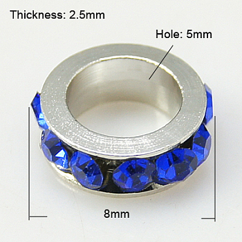 Brass Rhinestone Spacer Beads, Grade A, Platinum Metal Color, Sapphire, 8x2.5mm, Hole: 5mm