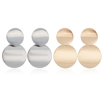 2 Pairs 2 Colors Alloy Double Flat Round Dangle Stud Earrings for Women, Platinum & Golden, 45mm, Pin: 0.7mm, 1 Pair/color