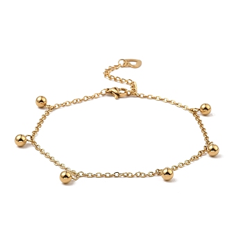 Vacuum Plating 304 Stainless Steel Round Beads Charm Bracelet, with Cable Chains, Golden, 9-1/8 inch(23cm)