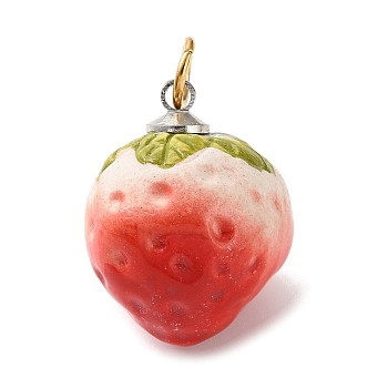 304 Stainless Steel Enamel Pendants, 3D Strawberry Charms, Golden, 24x19.5x18.5mm, Hole: 5mm