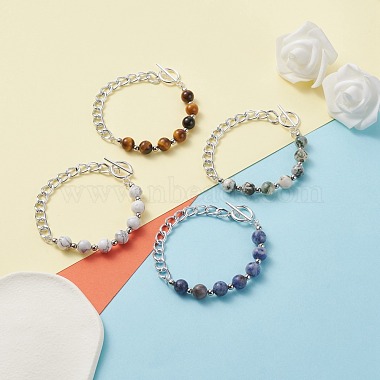 Bracelets de perles rondes en pierres mélangées naturelles sertis de chaîne gourmette pour hommes femmes(BJEW-TA00048)-2