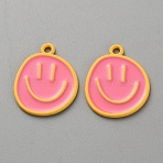Alloy Enamel Pendants, Smiling Face Charm, Pink, 24.5x20x1.2mm, Hole: 2mm(ENAM-WH0066-07J)