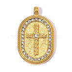 304 Stainless Steel with Crystal Rhinestone Pendants, Ion Plating(IP), Oval with Cross Charms, Hand Polished, Real 18K Gold Plated, 22x14mm, Hole: 2mm(RB-OY001-16G)