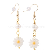 Flower Dangle Earrings, with Natural Pearl Beads, Natural White Shell Beads, Brass Earring Hooks, Brass Beads and Plastic Ear Nuts, Seashell Color, Golden, 50mm, Pin: 0.7mm(EJEW-JE05781-03)