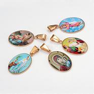 Virgin Mary Theme Glass Pendants, with 201 Stainless Steel Findings, Oval, Golden, Mixed Color, 29.5x18.5x5~6mm, Hole: 4x6mm(GLAA-R193-GM)