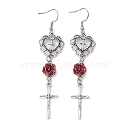 Alloy Heart & Cross & Resin Rose Dangle Earrings, Long Drop Earrings for Women, Red, 98x20mm(EJEW-JE05314)