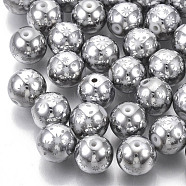 Christmas Electroplate Glass Beads, Round with Star Pattern, Platinum Plated, 10mm, Hole: 1.2mm(EGLA-R113-07B)