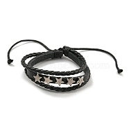 Braided PU Leather & Waxed Cords Triple Layer Multi-strand Bracelets, Alloy Beaded Bracelets, Star, Inner Diameter: 2-1/4~3-3/4 inch(5.7~9.5cm)(BJEW-P329-08B-AS)