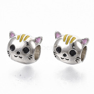 Alloy Kitten European Beads, with Enamel, Large Hole Beads, Cat Head, Platinum, 9.5x11.5x9mm, Hole: 4.5mm(MPDL-T004-21P)